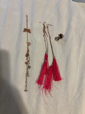 Rose Gold Butterfly Charm Bracelet & Hot Pink Tassel Earrings Set